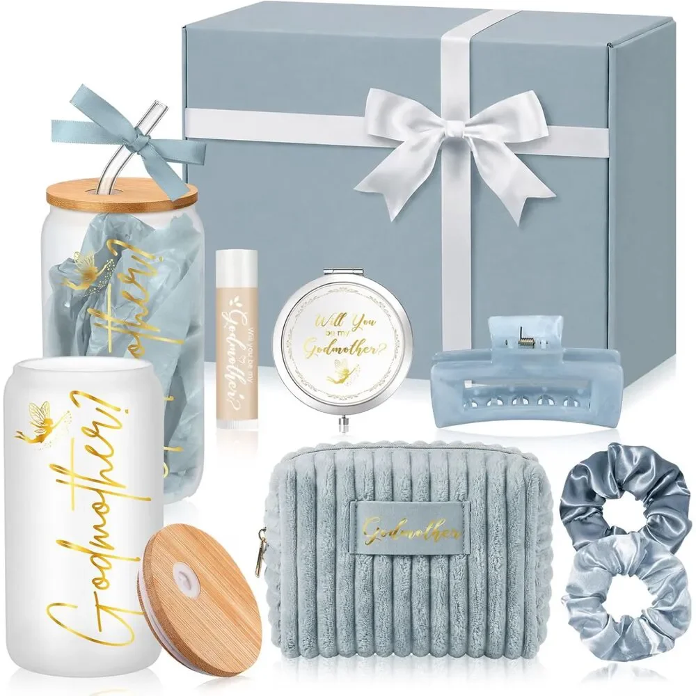 Godmother Proposal Gift Set 9 Pc Blue Baby Boy Baptism 16oz Glass Cup